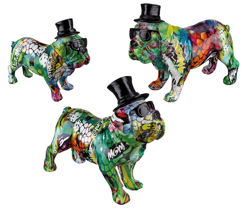 Poly pug straat kleurrijke artiest met zwarte hoge hoed en bril in graffiti-stijl