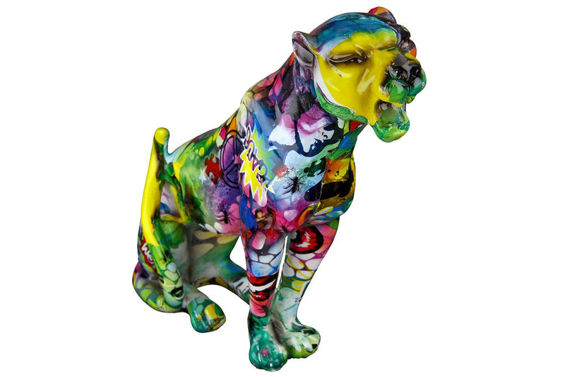 2 delen Figuur Poly Cheetah Street Art kleurrijke Kunstenaar zittend breed 28cm handbeschilderd