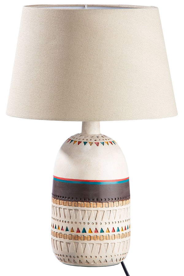 Boho Design Lampe "Riad" - Cremefarbene Tischlampe mit bunter Ornamentik