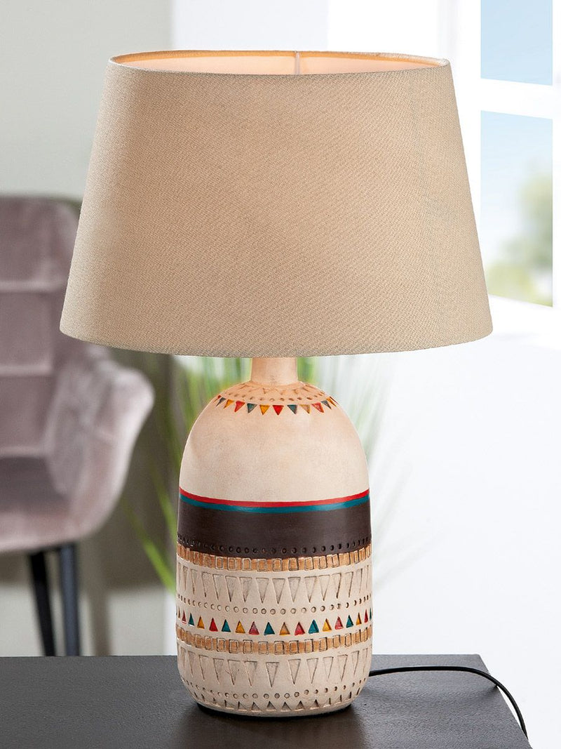 Boho Design Lampe "Riad" - Cremefarbene Tischlampe mit bunter Ornamentik