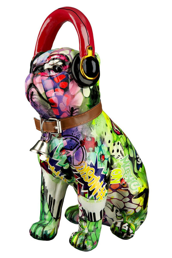 Figur Bulldoge in Street Art sitzend mehrfarbig Artist mit Kopfhörer und Halsband mit Glocke
