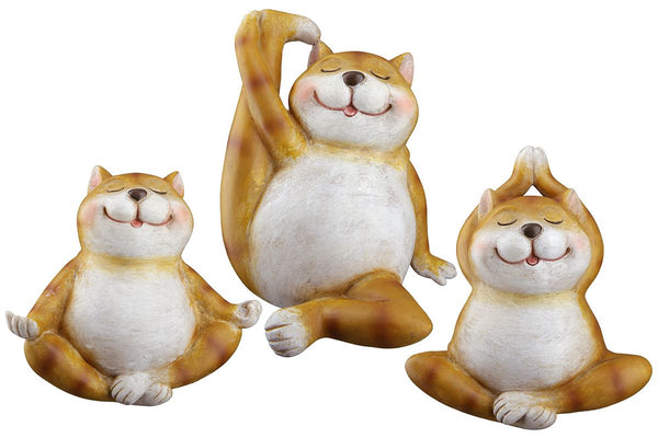 3er Set Handgefertigte Katzen "Yoga Trio" aus Kunstharz für Meditation und Dekoration, braun, 9cm x 14.5cm x 15cm