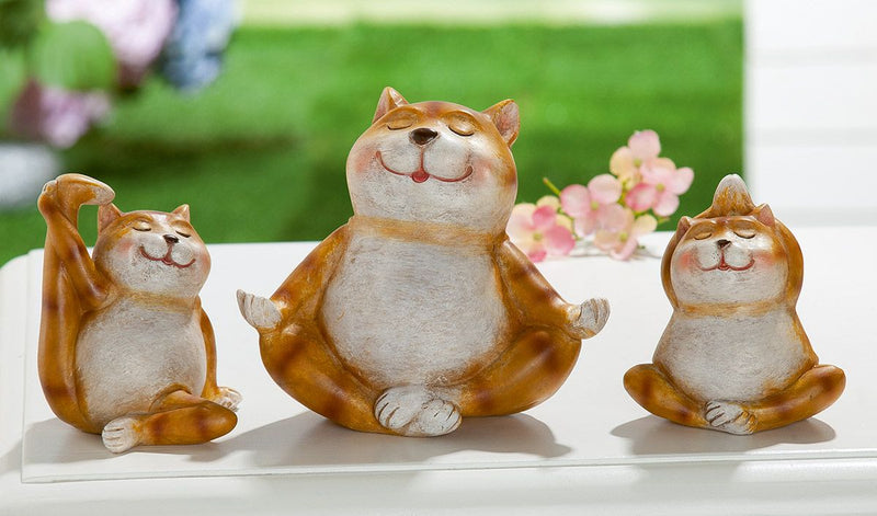 3er Set Handgefertigte Katzen "Yoga Trio" aus Kunstharz für Meditation und Dekoration, braun, 9cm x 14.5cm x 15cm