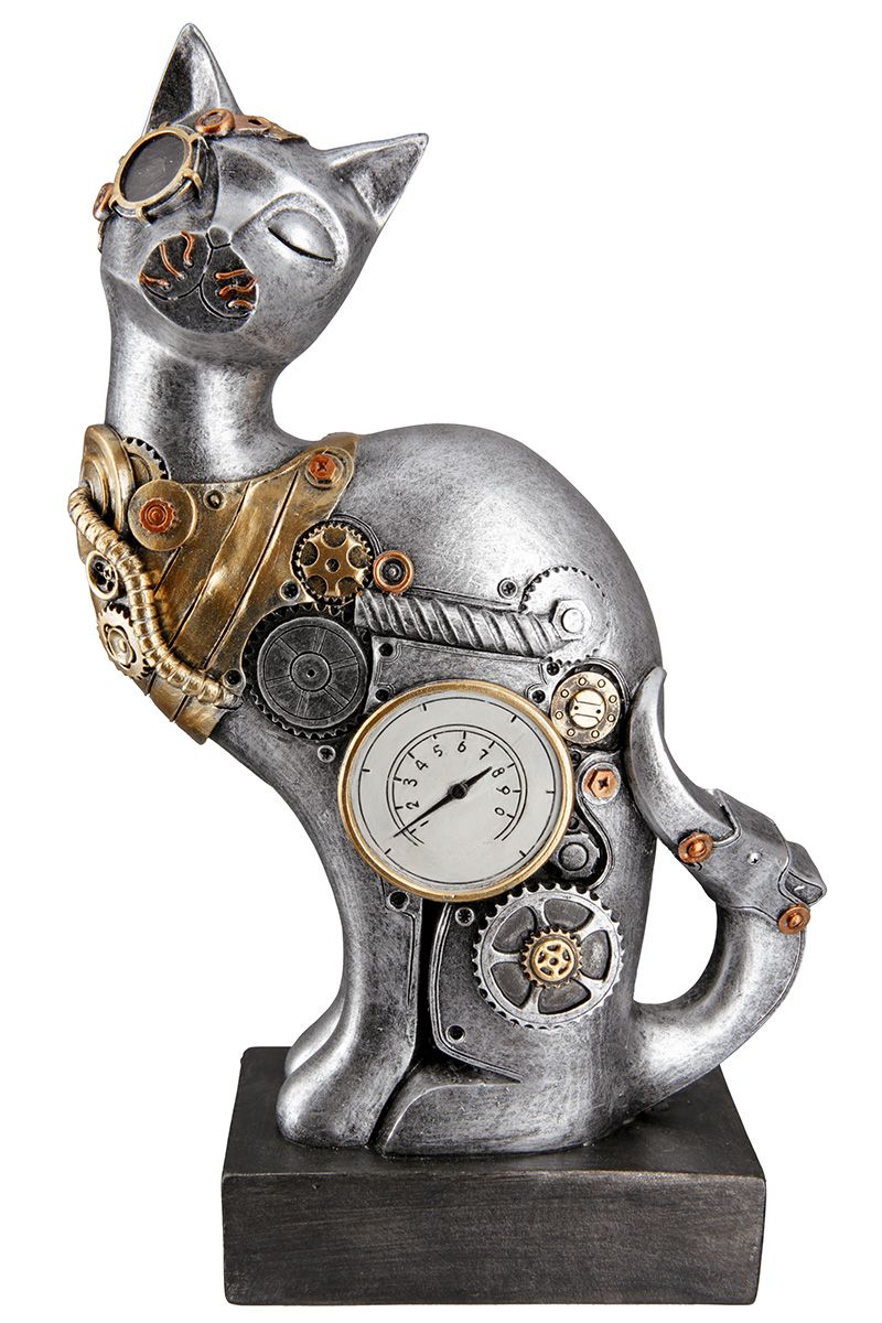 Steampunk Cat Sculpture - Antiek zilverkleurig met koperkleurige elementen op de basis