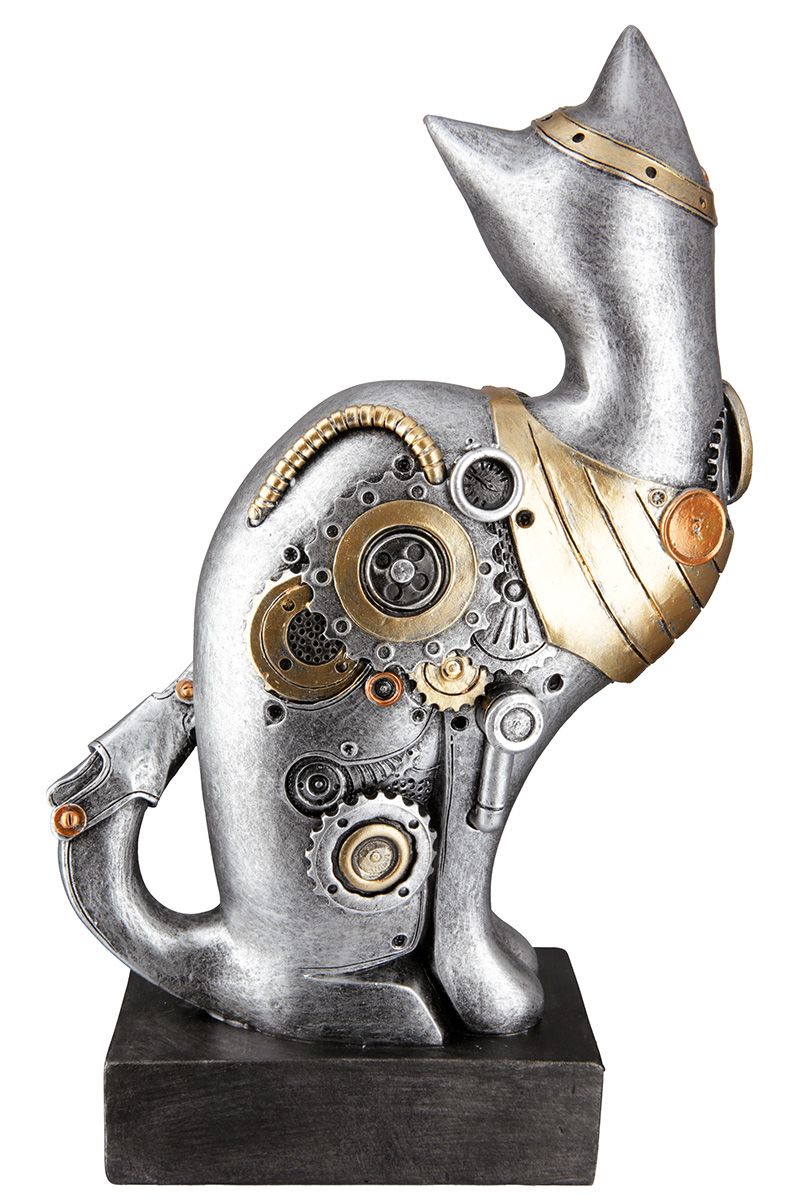 Steampunk Cat Sculpture - Antiek zilverkleurig met koperkleurige elementen op de basis