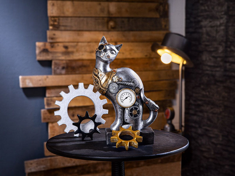 Steampunk Cat Sculpture - Antiek zilverkleurig met koperkleurige elementen op de basis