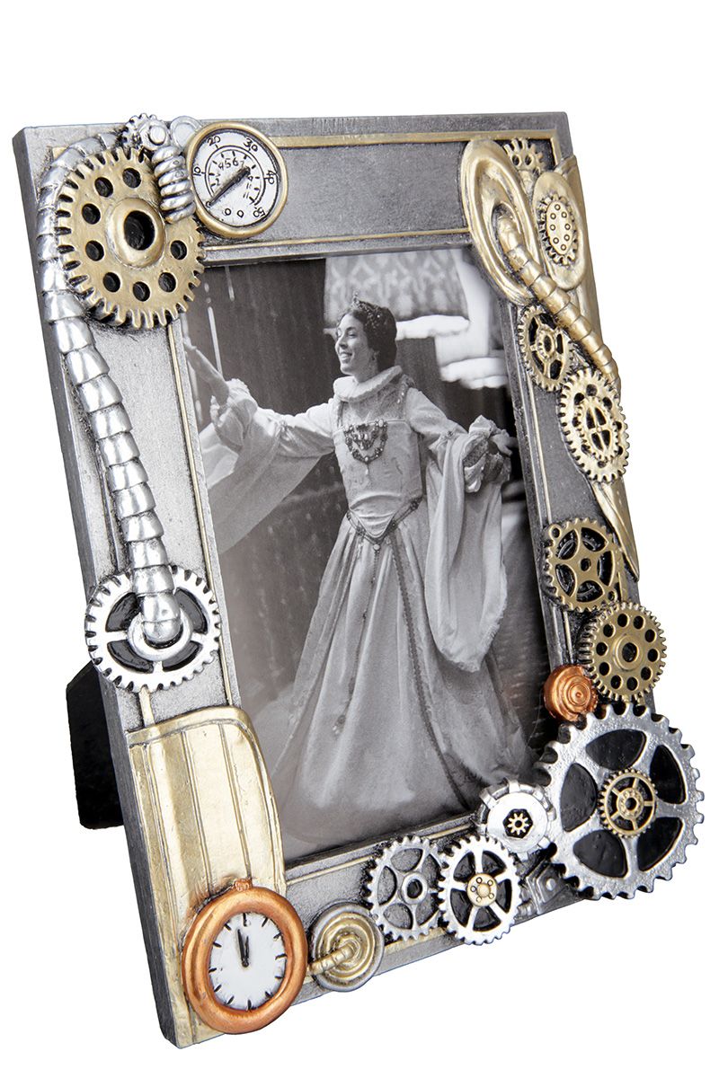 Set of 2 poly photo frames "Steampunk" - antique silver colored with copper colored elements for 10 x 15 cm photos
