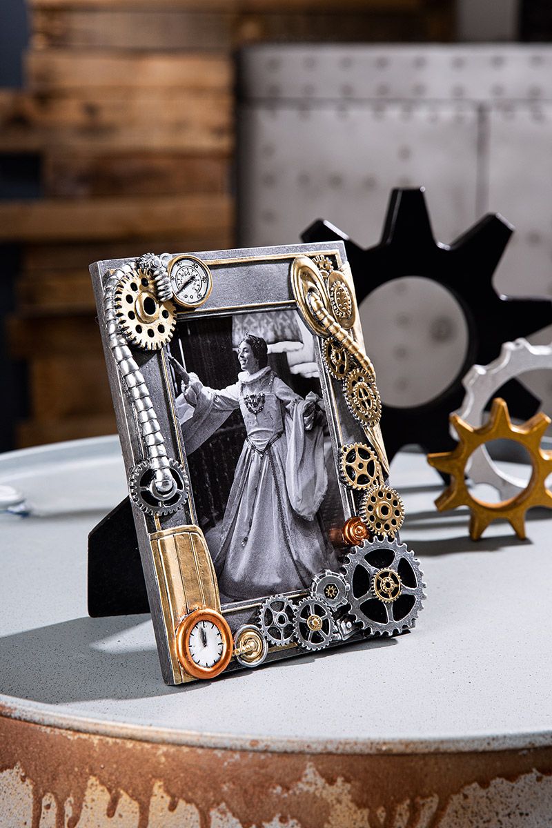 Set of 2 poly photo frames "Steampunk" - antique silver colored with copper colored elements for 10 x 15 cm photos