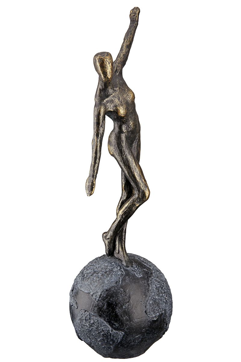 Poly Sculpture "The world in balance" - Limited Edition - Woman in bronze on gray globe with saying card 