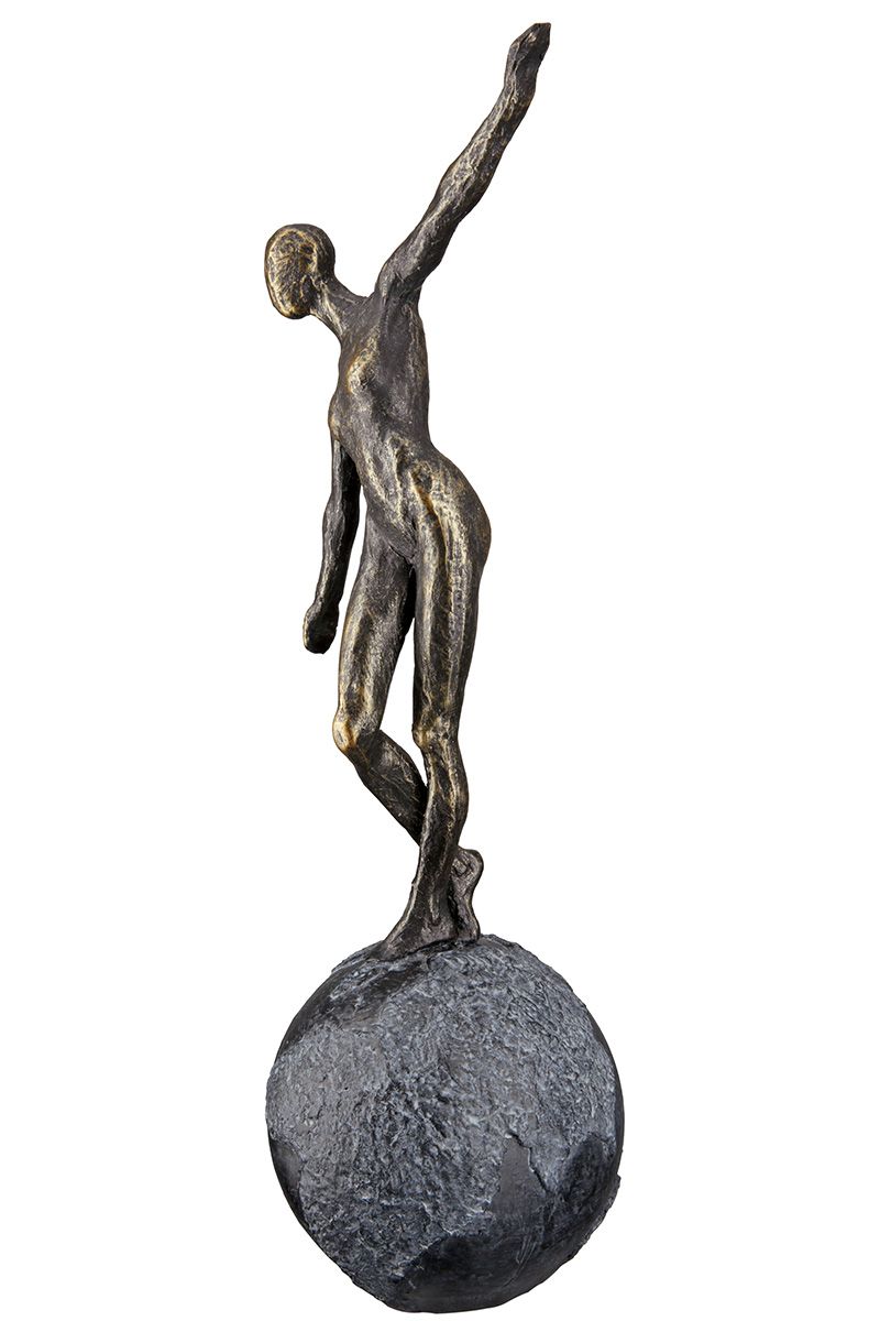 Poly Sculpture "The world in balance" - Limited Edition - Woman in bronze on gray globe with saying card 