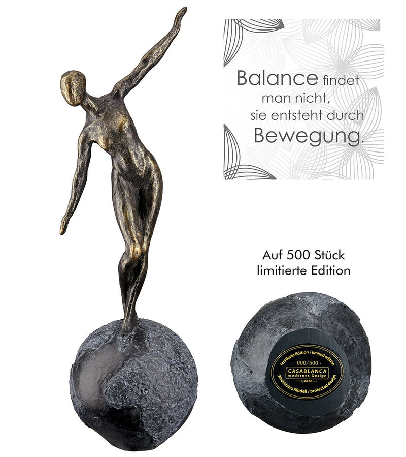 Poly Sculpture "The world in balance" - Limited Edition - Woman in bronze on gray globe with saying card 