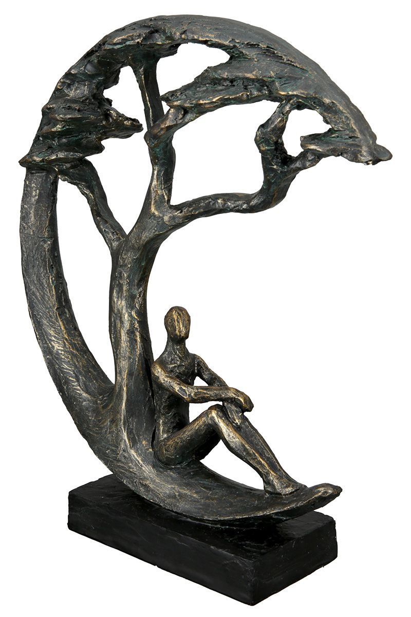 Poly sculpture Daydreamer in bronze on a black base with a message tag