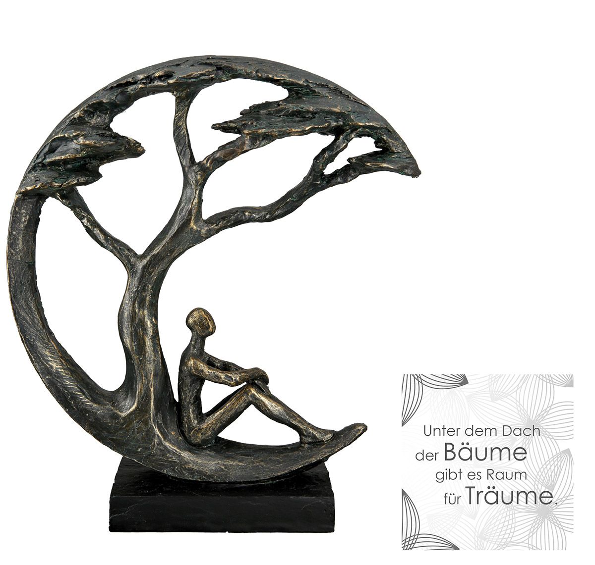 Poly sculpture Daydreamer in bronze on a black base with a message tag