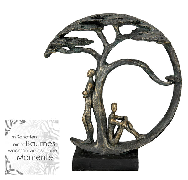 Poly sculptuur boom schaduw bronskleurig op zwarte voet met spreuk hanger