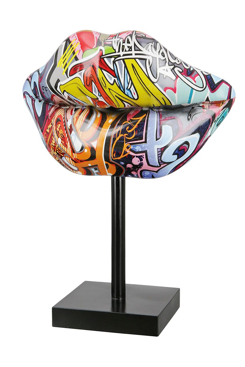 Handgefertigte Street Art Skulptur 'Kiss' aus Kunstharz in buntem Graffiti Design auf schwarzer Base