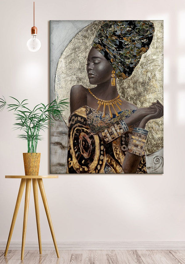 Bild Gemälde African Lady handgemalt auf Leinwand Kopftuch aus Stoff 120x90cm