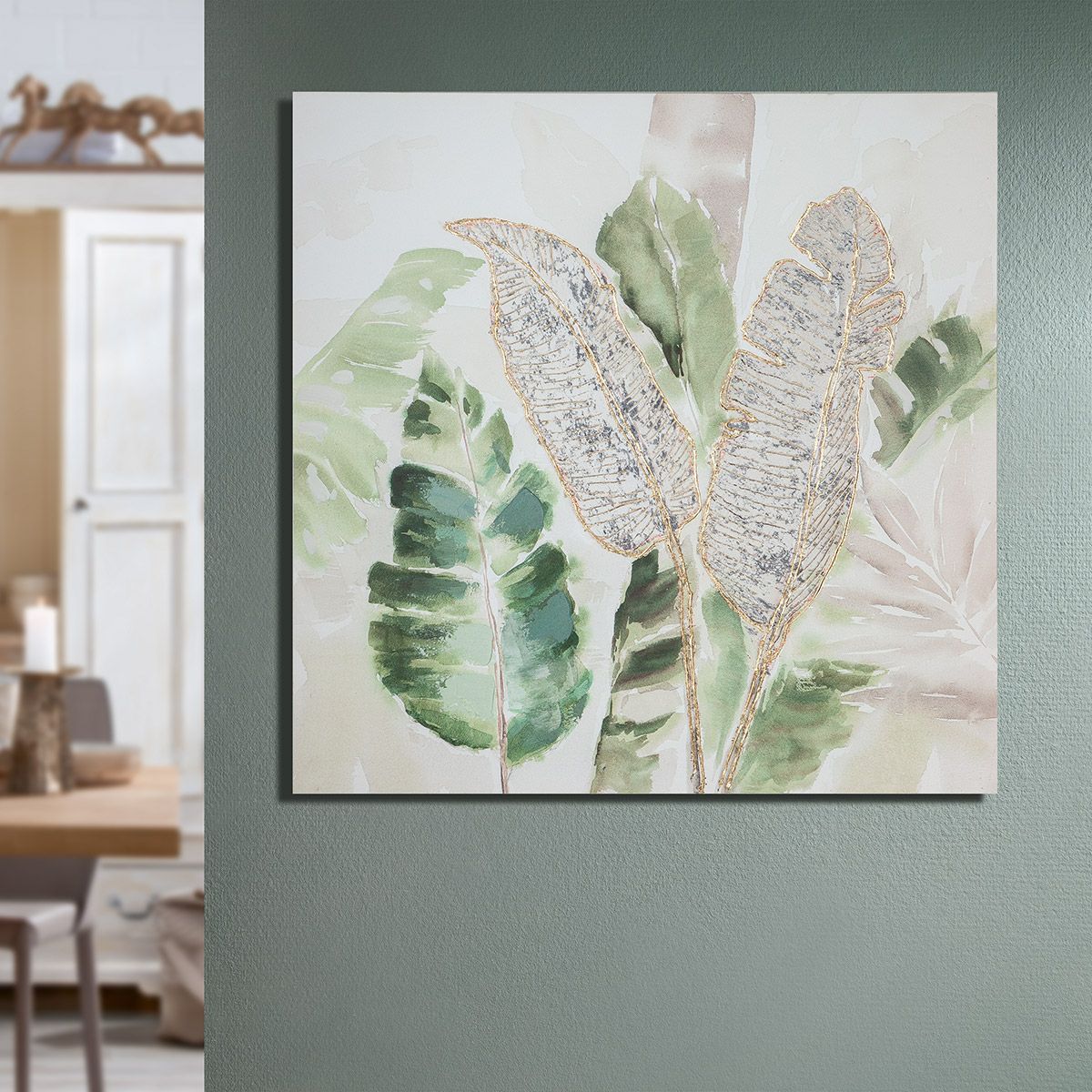 Bild Blätterwald  grün/grau/creme auf Leinwand 100cm handbemalt