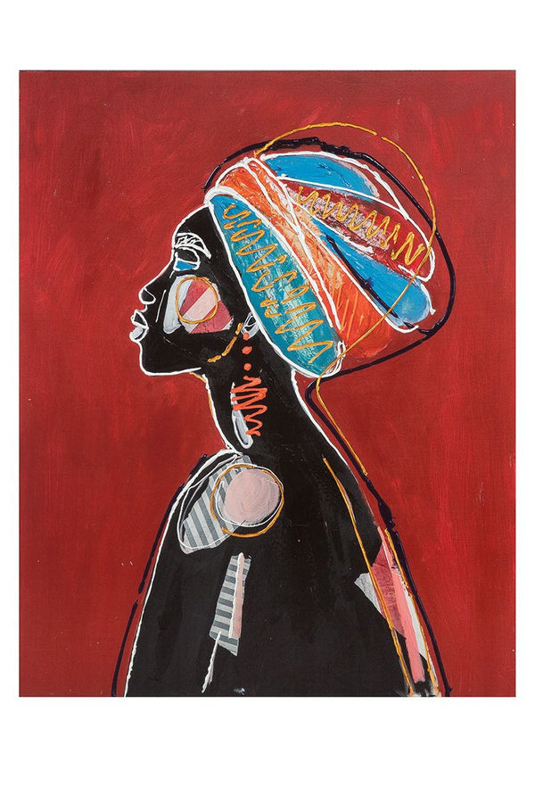 Foto Afrikaans hoofddeksel kleurrijk handgeschilderd op canvas bordeaux/zwart/blauw op canvas 100cm