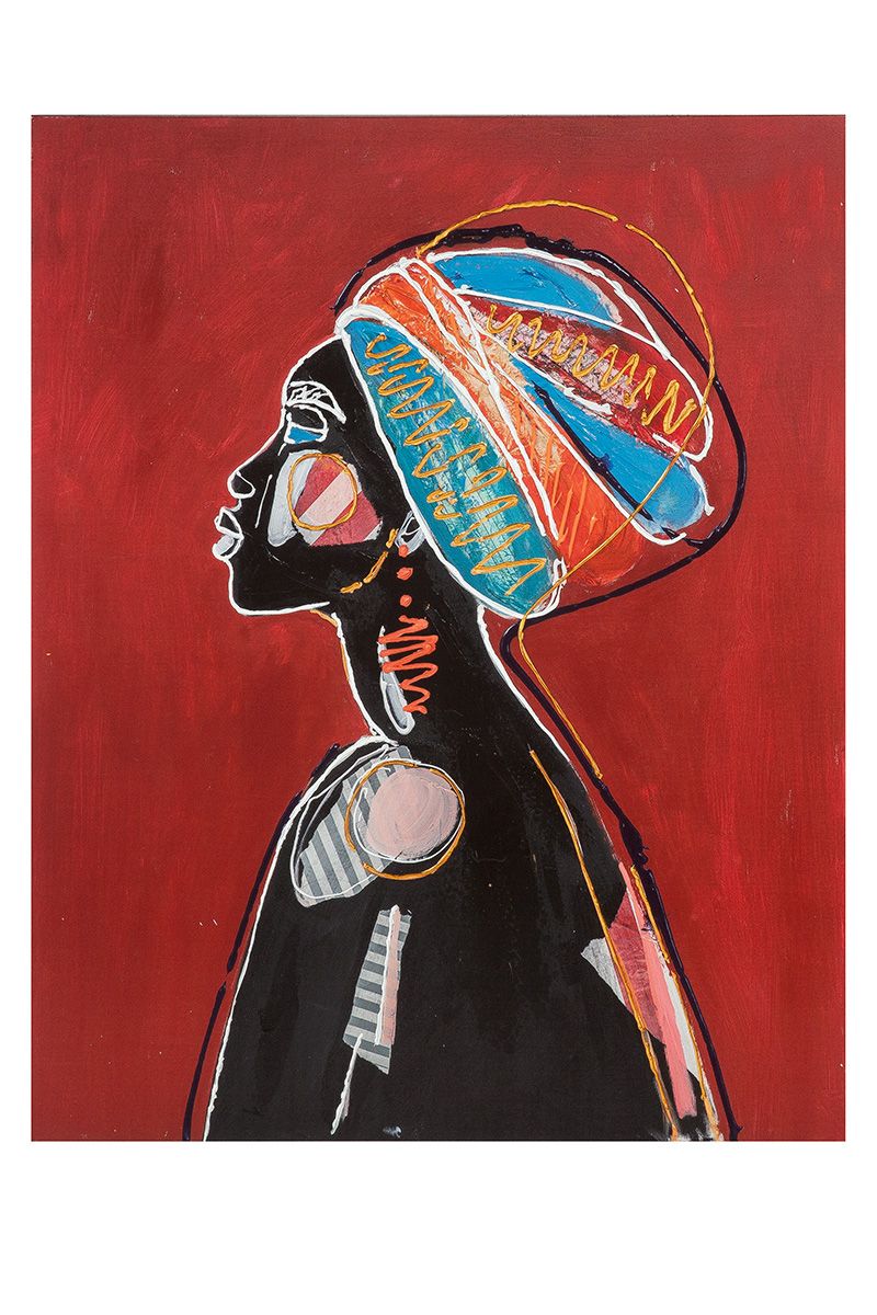 Bild Afrikanische Kopfbedeckung bunt handbemalt auf Leinwand weinrot/schwarz/blau auf Leinwand 100cm