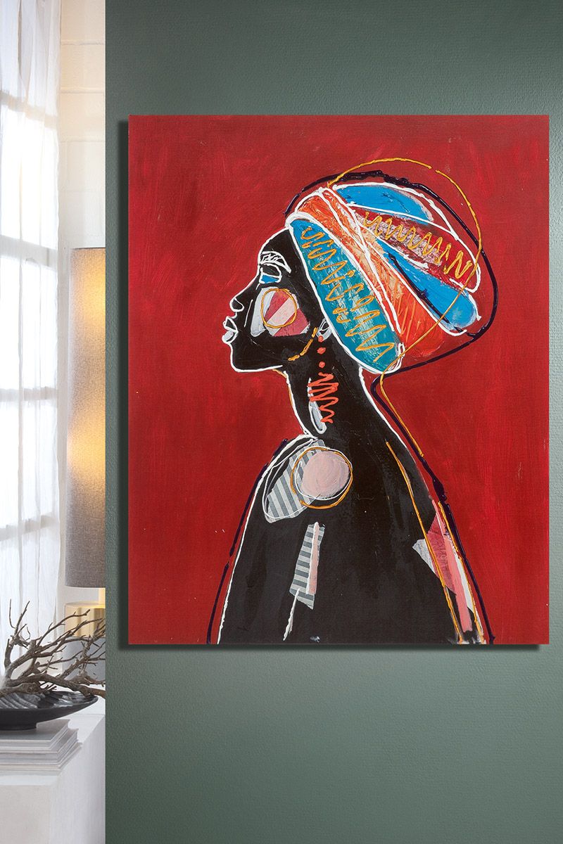 Bild Afrikanische Kopfbedeckung bunt handbemalt auf Leinwand weinrot/schwarz/blau auf Leinwand 100cm