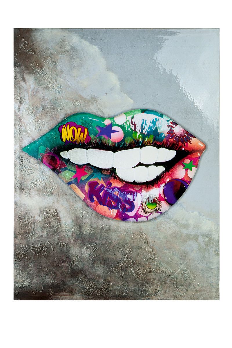 Afbeelding schilderij Street Art "Kiss" 90cm x 120cm kleurrijk glanzend, op canvas