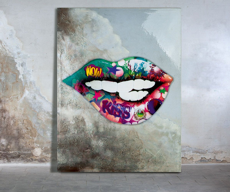 Afbeelding schilderij Street Art "Kiss" 90cm x 120cm kleurrijk glanzend, op canvas