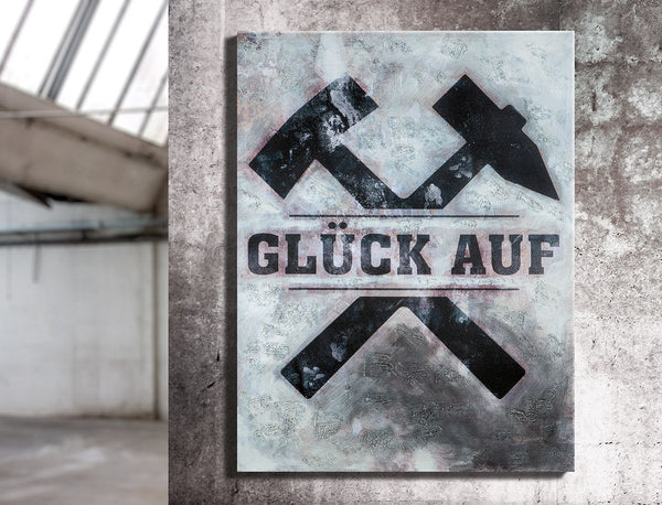 Ruhrpott-Glück Gemälde "Glück Auf" in schwarz-grau auf Leinwand