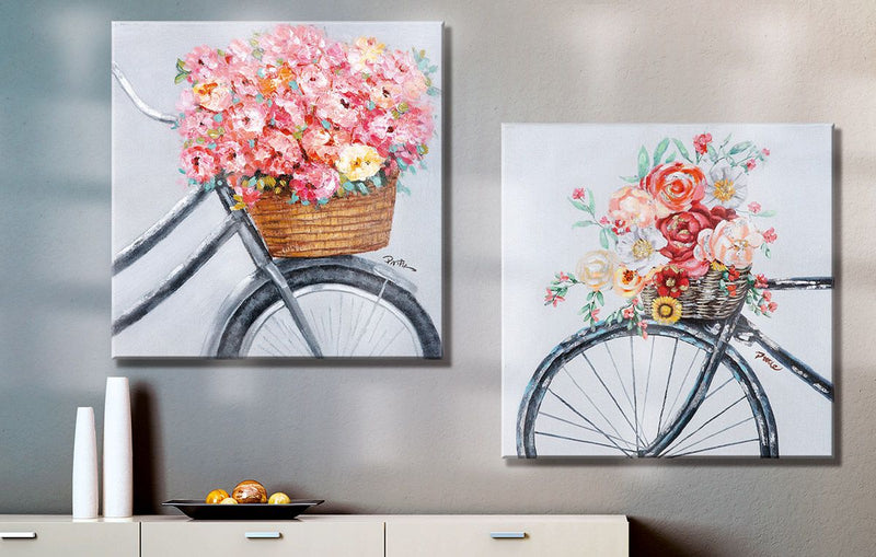 2-teiliges Set Gemälde Blumenfahrrad auf Leinwand in Grau/Weiß/Mehrfarbig