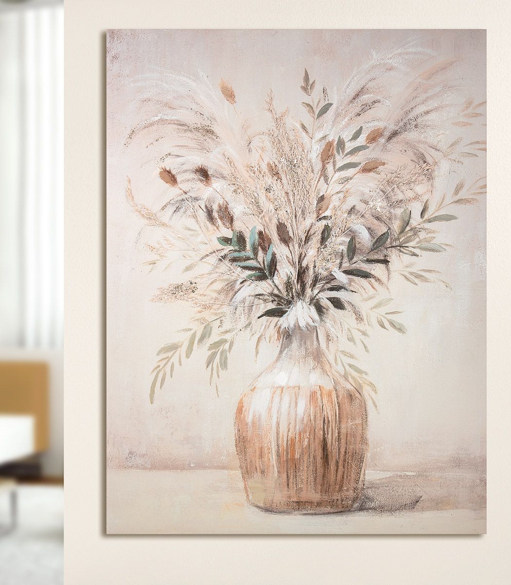 Naturklang Blumenstrauß Leinwandbild Beige Grün 90x120cm Wanddeko Vase