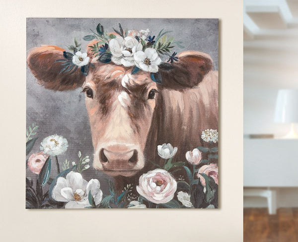 Afbeelding schilderij bloem koe bruin grijs wit handgeschilderd op canvas 90x90cm