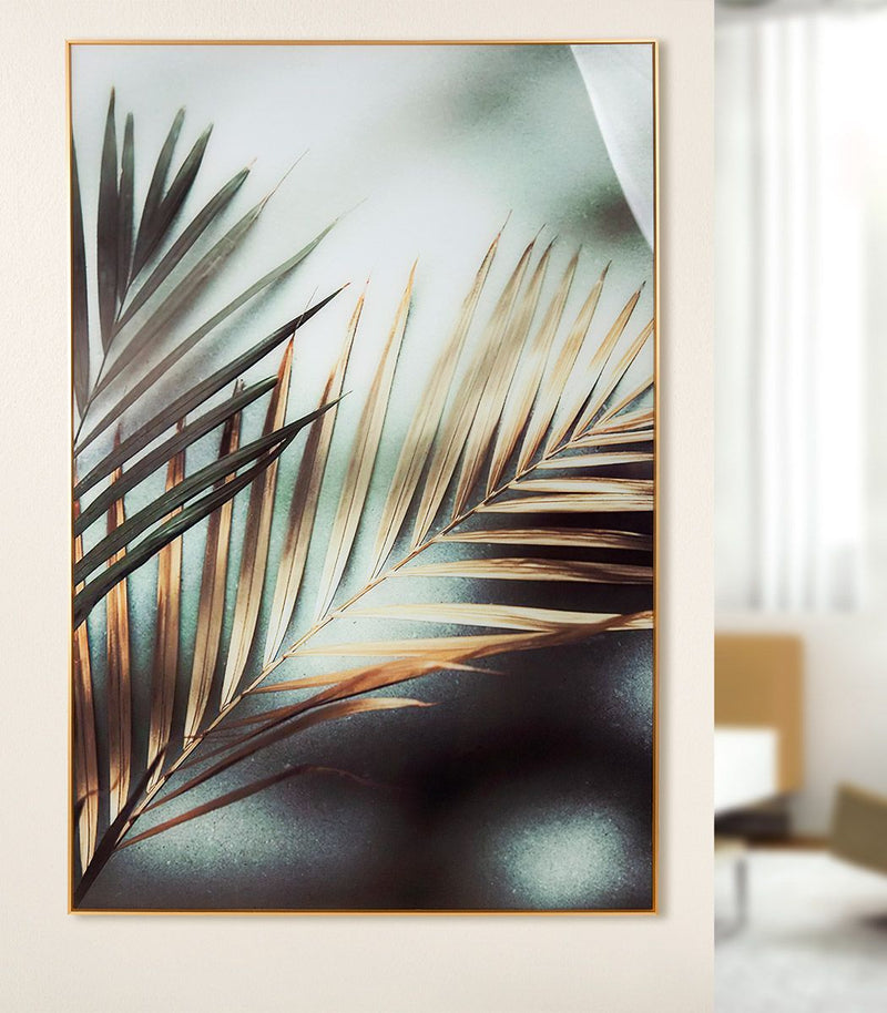 Acrylaat wandfoto goudvaren groen goudkleurig met rosé goudkleurige lijst 80x120cm