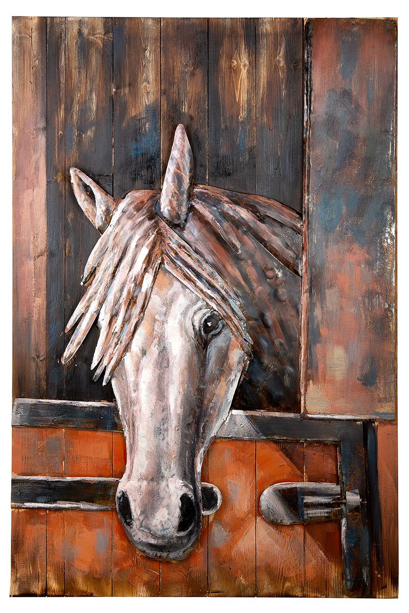 Metalen afbeelding Azteca op hout paard kunstobject Gilde Gallery handgemaakt 80x120cm