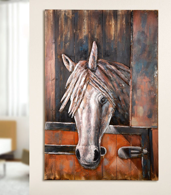 Metal picture Azteca on wood horse art object Gilde Gallery handmade 80x120cm