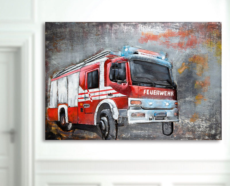 Metal picture fire brigade red gray handmade art object width 120cm