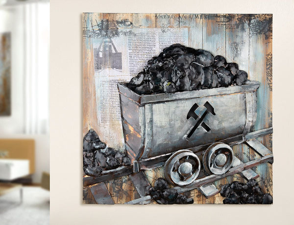 Industriële flair Handgemaakt kunstobject 'Mijnkar' van Gilde Gallery op hout in grijs 80cm Handgemaakt