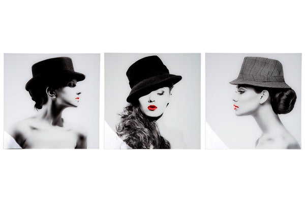 Set of 3 acrylic wall art Lady Rouge woman with hat with high-quality aluminum frame 60x60cm