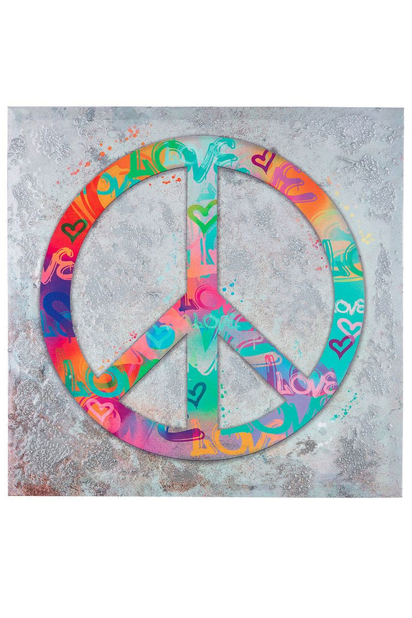 Set of 2 picture paintings PEACE colorful glossy hand-painted on canvas 50x50cm