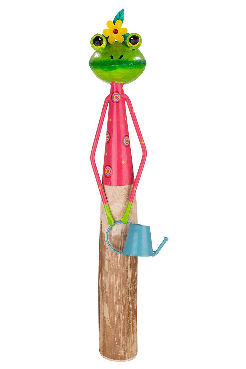 Handgefertigter Holz Frosch "Flips" mit Gießkanne, Blume und Herz - Bunte Dekoration aus Eukalyptusholz - 3er Set in verschiedenen Größen