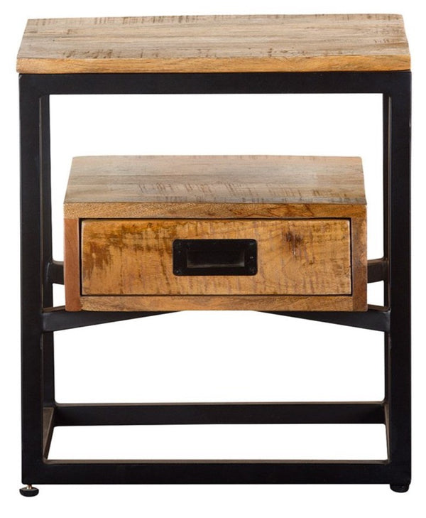 Bedside table "Legna" in mango wood and metal - handmade with 1 drawer and natural colors