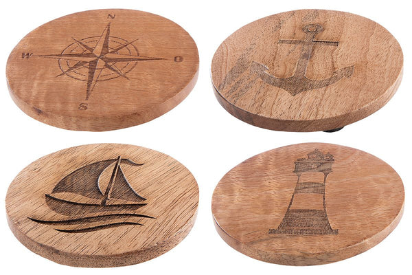 8tlg. Handgefertigte Maritim-Untersetzer aus Mangoholz mit Anker-, Schiff-, Windrose- und Leuchtturm-Symbolen