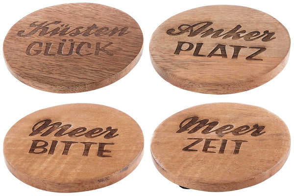 8-delige houten onderzetter spreuken rond - set van 4 modellen met maritieme spreuken van mangohout, o.a. "sea time" voor een ontspannen sfeer in huis