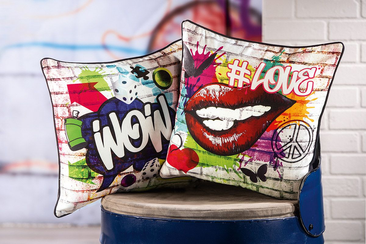Set of 4 fabric cushions street art colorfully printed dark gray on the back