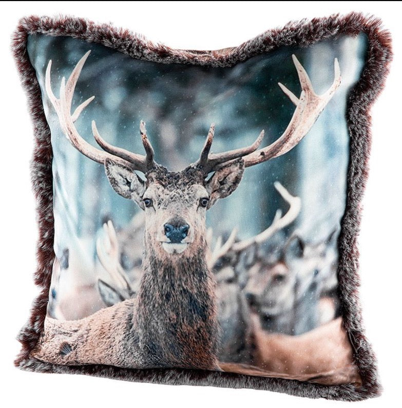 Set of 2 Unique Winter Cushions with Deer Motif and Velvet Backing - An elegant decoration for any room