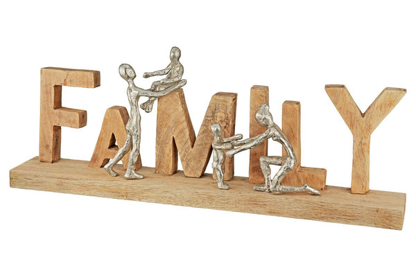 Houten opschrift FAMILY van mangohout en aluminium Breedte 55cm