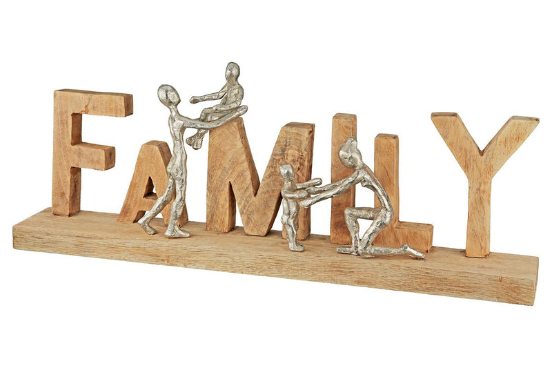 Wooden lettering FAMILY made of mango wood and aluminum. Width 55cm