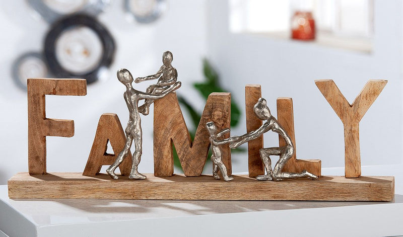 Wooden lettering FAMILY made of mango wood and aluminum. Width 55cm