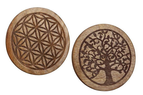 Houten onderzetters "Tree of Life/Flower of Life" van mangohout - set van 8 - natuurlijke kleur - handgemaakt