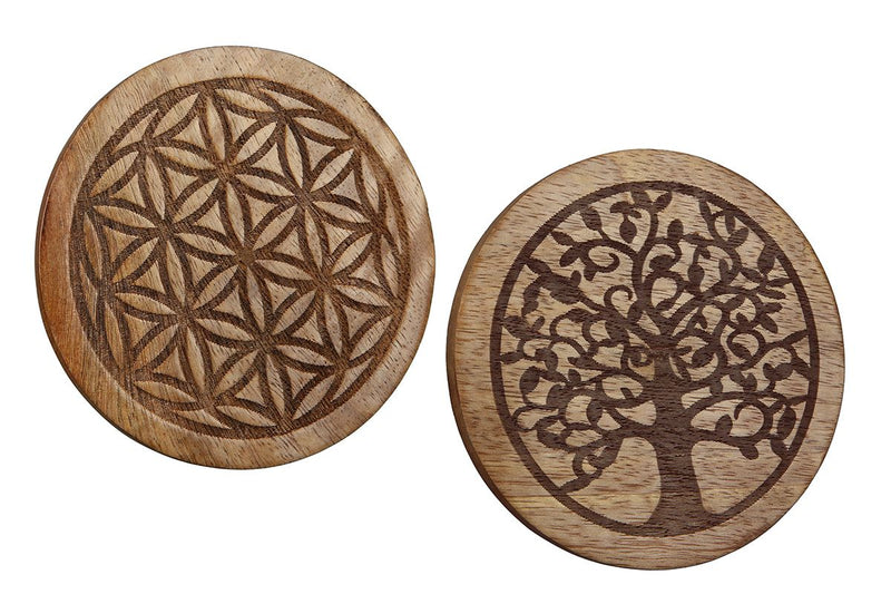 Wooden coasters "Tree of Life/Flower of Life" made of mango wood - set of 8 - natural color - handmade