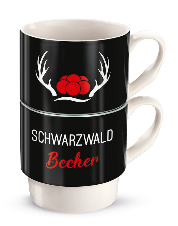 6er Set  Porzell 2tlg Stapeltasse Schwarzwald Becher weiß/blau/gelb in Geschenkverpackung 330ml