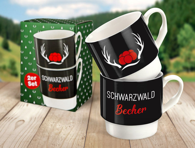 Set van 6 porseleinen 2-delige stapelbekers Zwarte Woud mokken wit/blauw/geel in geschenkverpakking 330ml